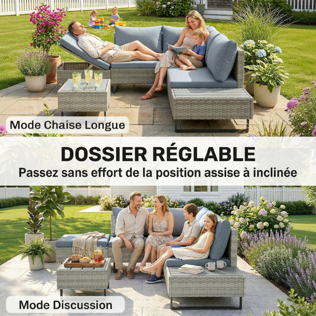 Set da giardino angolare in polyrattan 5 posti con divano letto e tavolo ¨C zephmum ¨C grigio