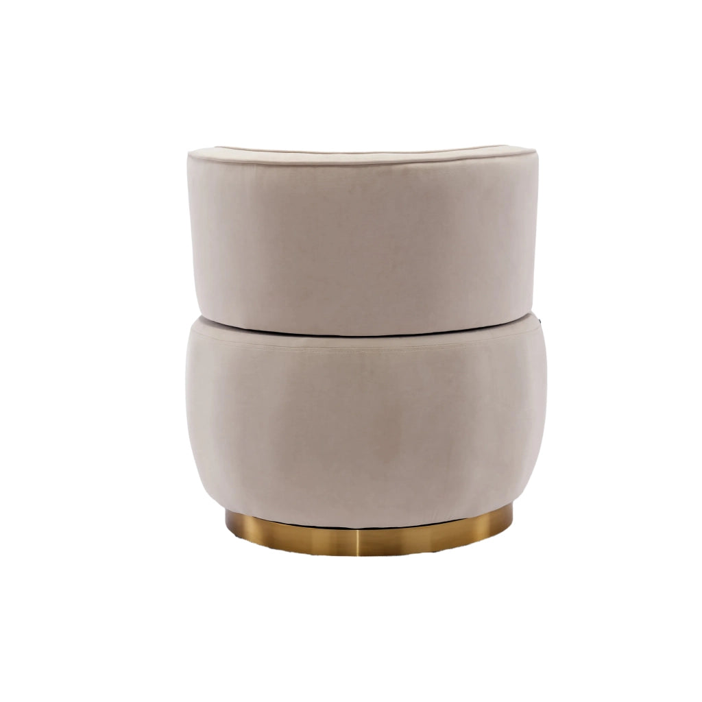 Fauteuil girevole in velluto con seduta imbottita e schienale ergonomico, base in legno e metallo beige