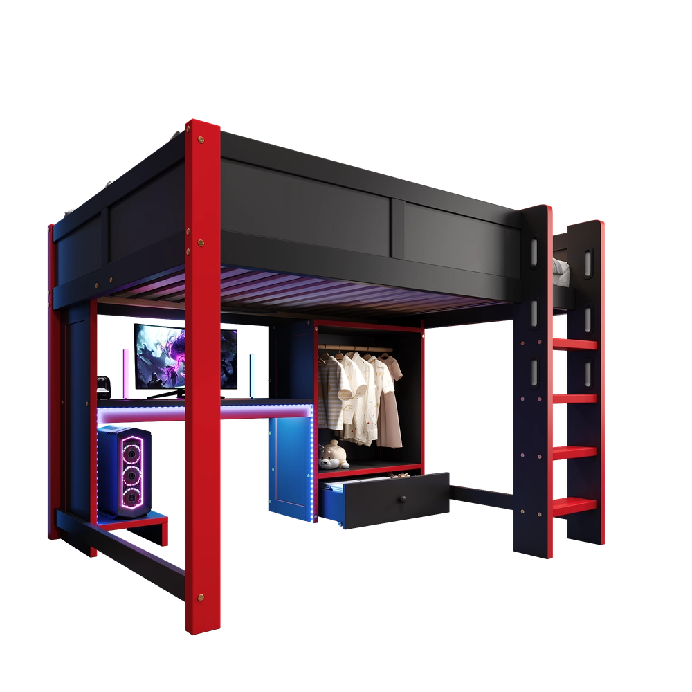 Letto a Soppalco Gaming con Scrivania e Cassetti ¨C Xylo ¨C Nero 140x200 cm con LED