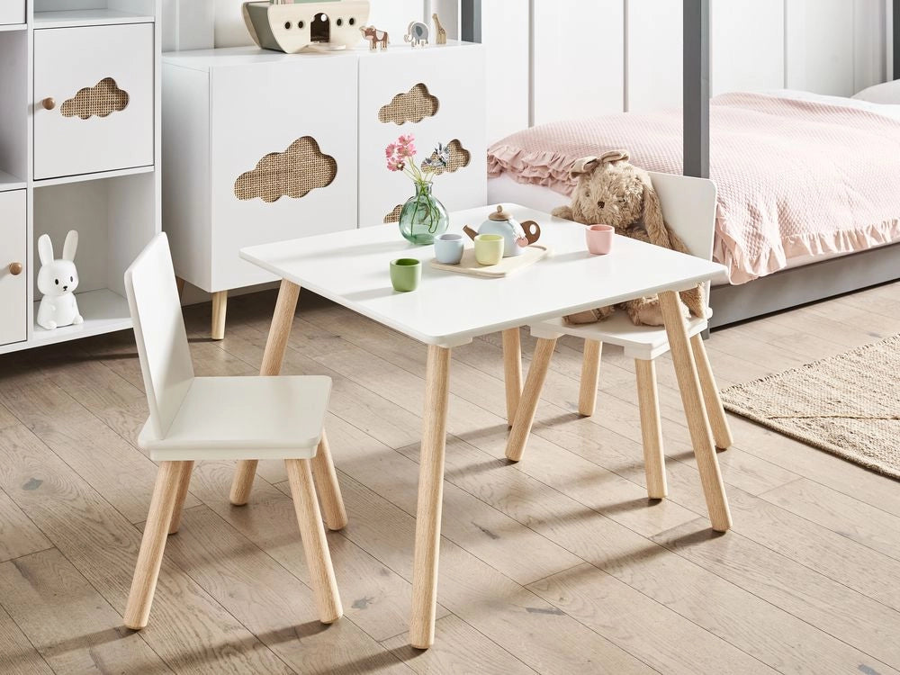 Set per bambini a 2 posti tavolo con sedie in legno di pino MDF Camera dei bambini bianco e legno chiaro