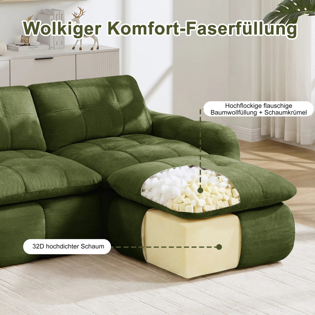 Divano modulare senza struttura in ciniglia con seduta ampia e morbida, 2 pouf, per soggiorno, verde 194 × 160 × 68 cm