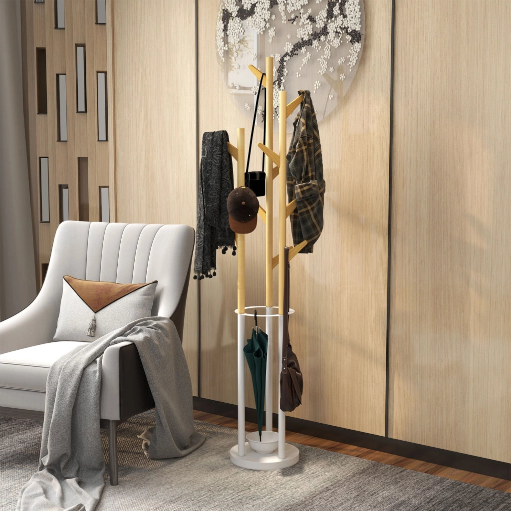Appendiabiti da terra con portaombrelli e 12 ganci ¨C zephmum ¨C metallo bianco e bamb¨´ 90x30x180 cm
