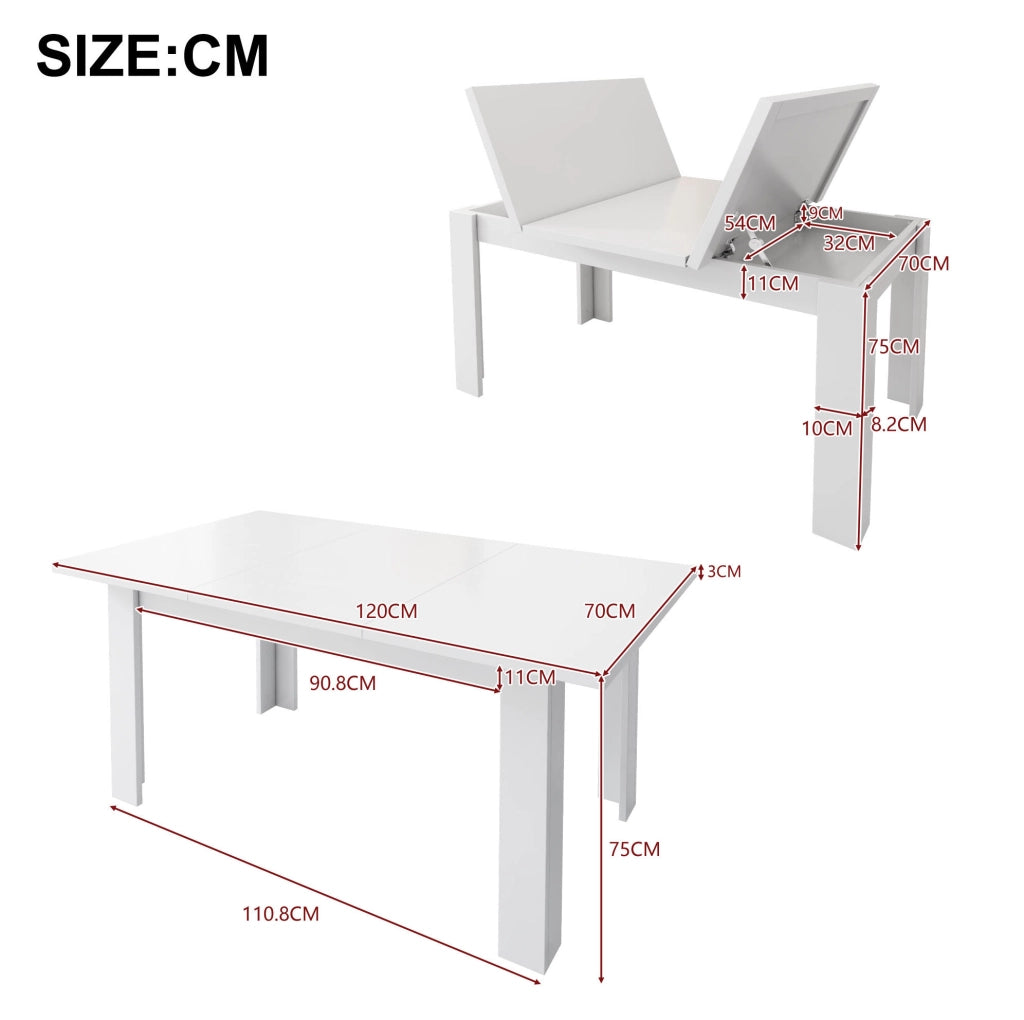 Tavolo da pranzo con contenitore nascosto 120x70 cm in MDF bianco