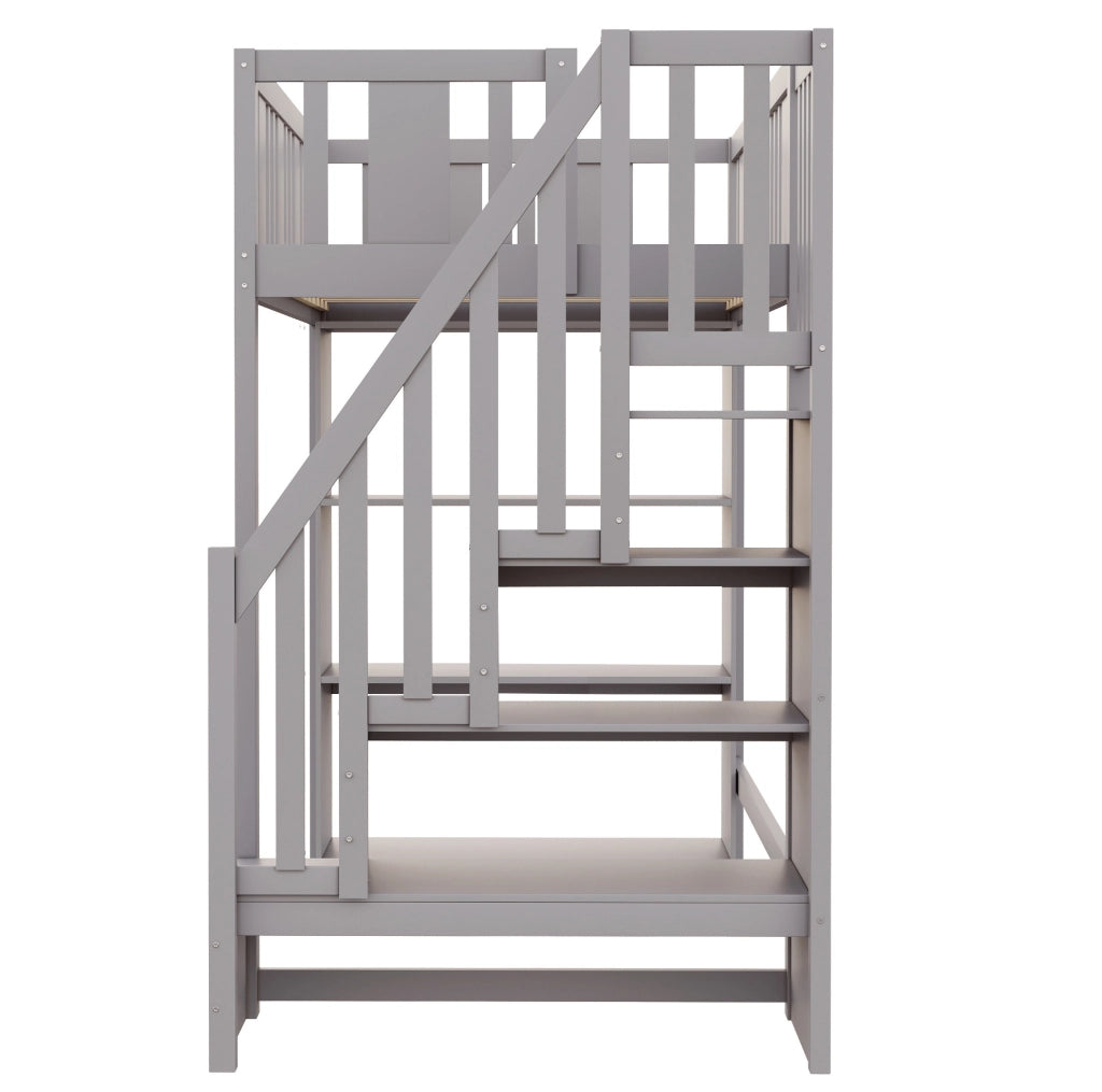 Letto a soppalco 90x200 cm con scala contenitore e 3 vani portaoggetti in legno grigio