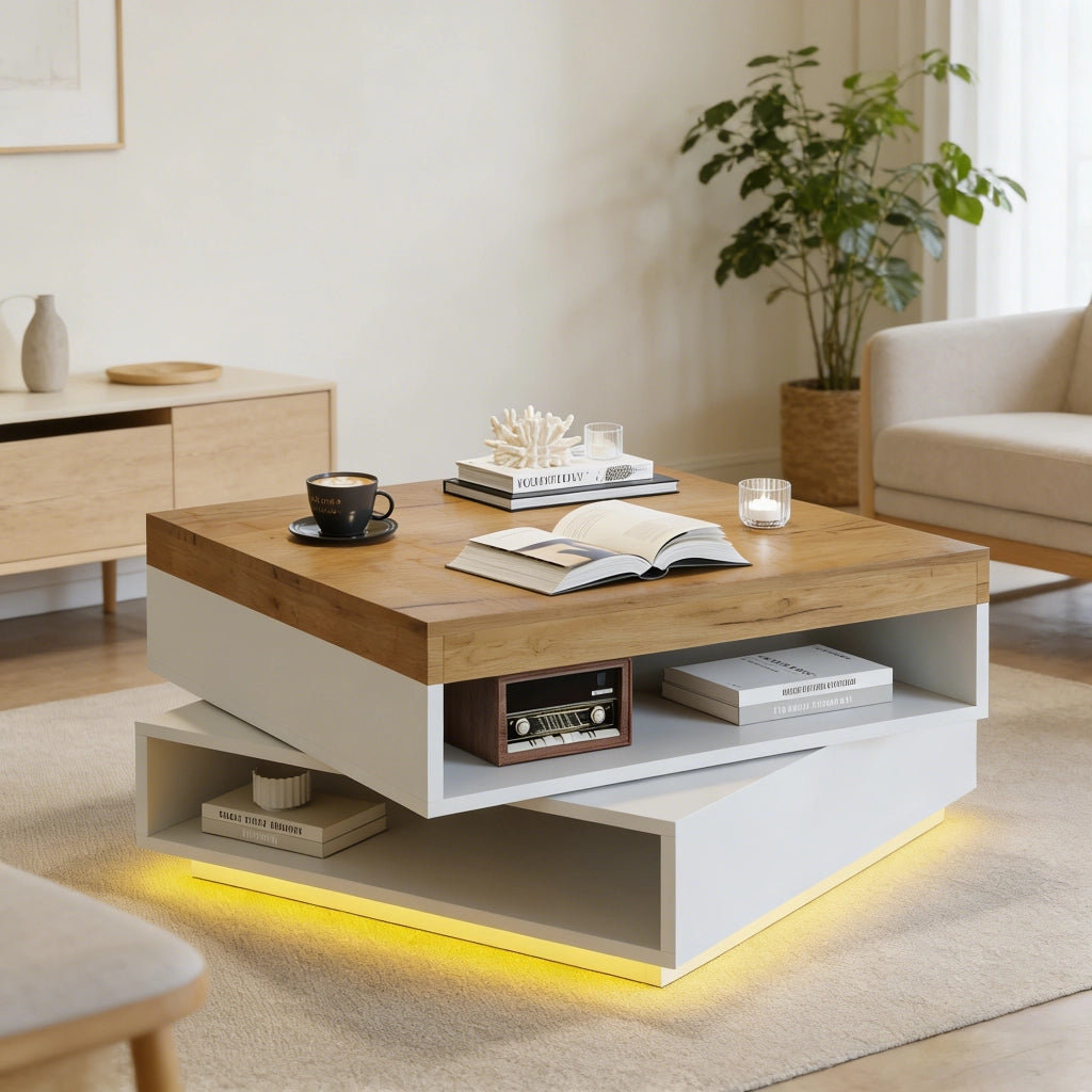 Tavolino basso quadrato girevole a 360° con LED e vani aperti in MDF bianco e legno 65 × 65 × 40 cm