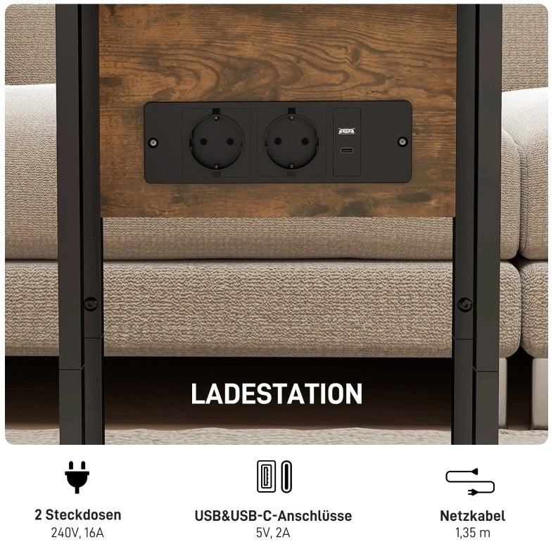 Tavolino pieghevole 39x29x57 cm in legno e metallo marrone rustico con USB