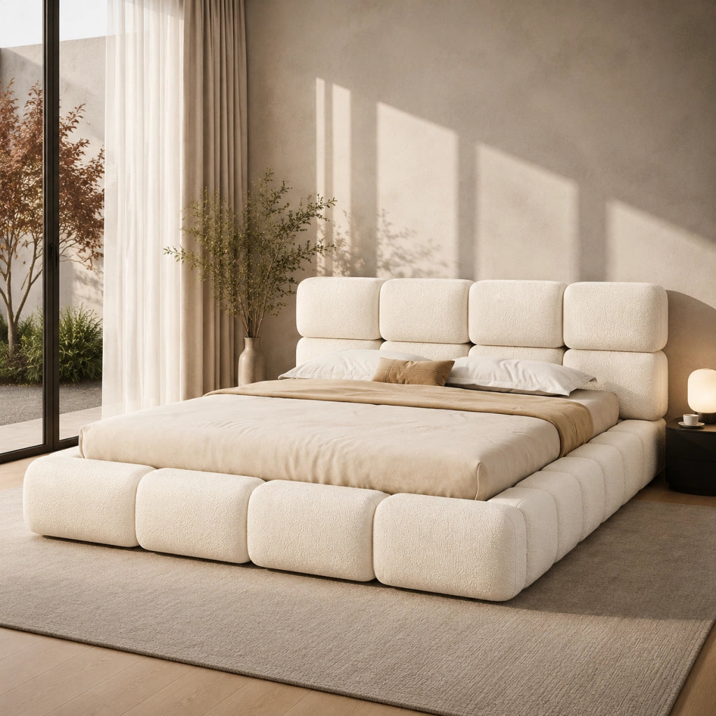 Letto matrimoniale contenitore imbottito 200x200 cm design nuvola bubble con ampio vano; bouclé bianco