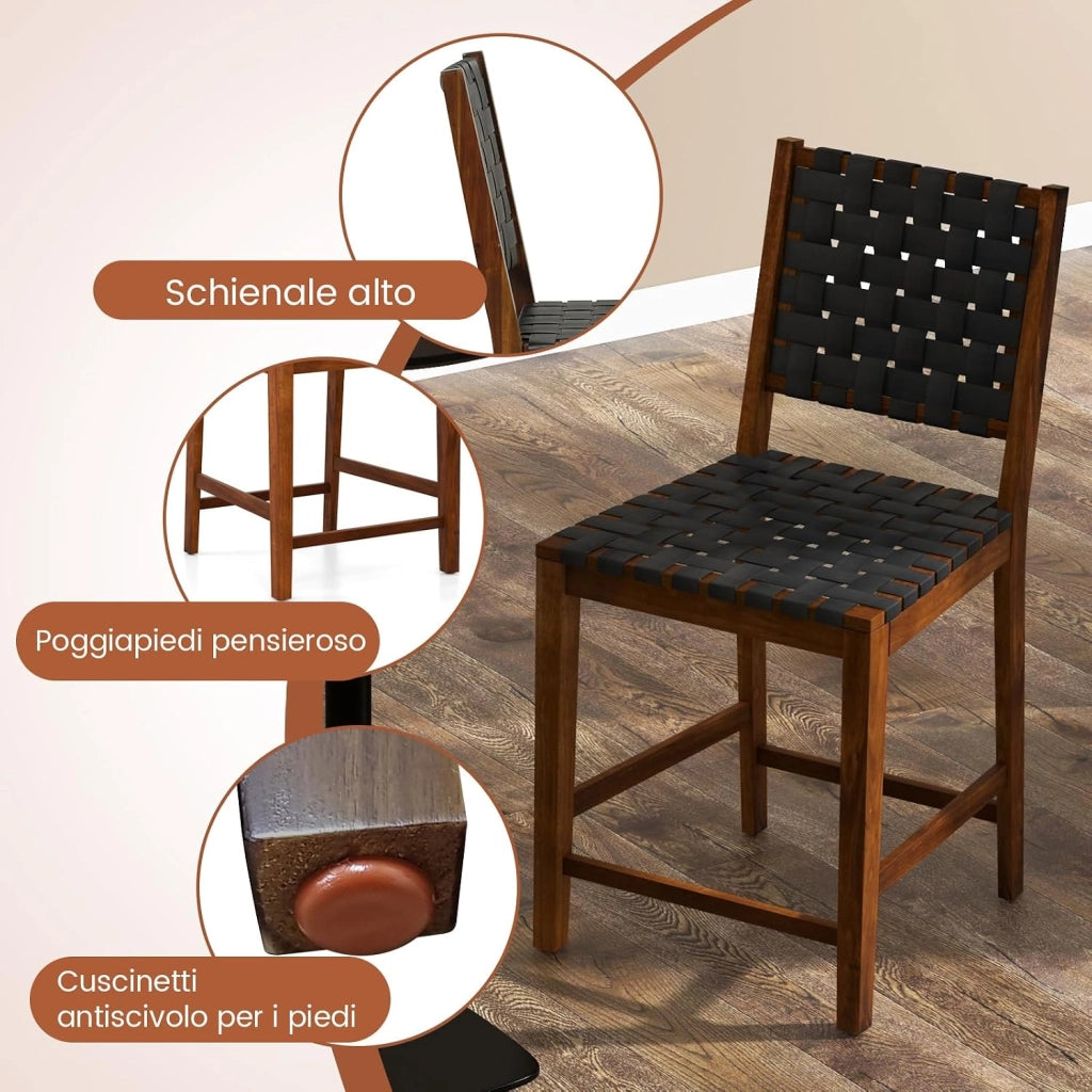 Sgabelli da Bar, 2 Sedie Alte con Cinturini in Similpelle, Schienale Accogliente e Struttura in Legno Massello, Sgabelli per Cucina, Sala da Pranzo, Ristorante e Bar
