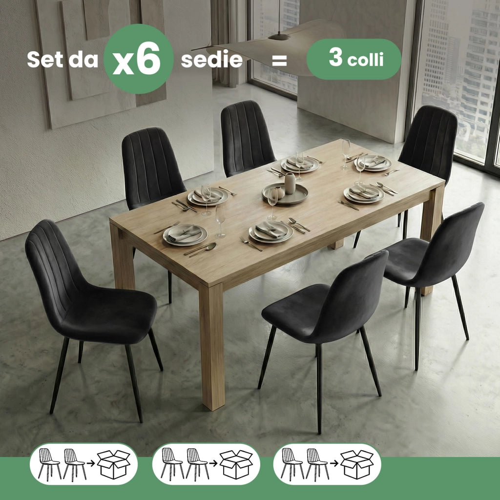 Set di 6 Sedie in velluto trapuntate LUMO Nero gambe nere