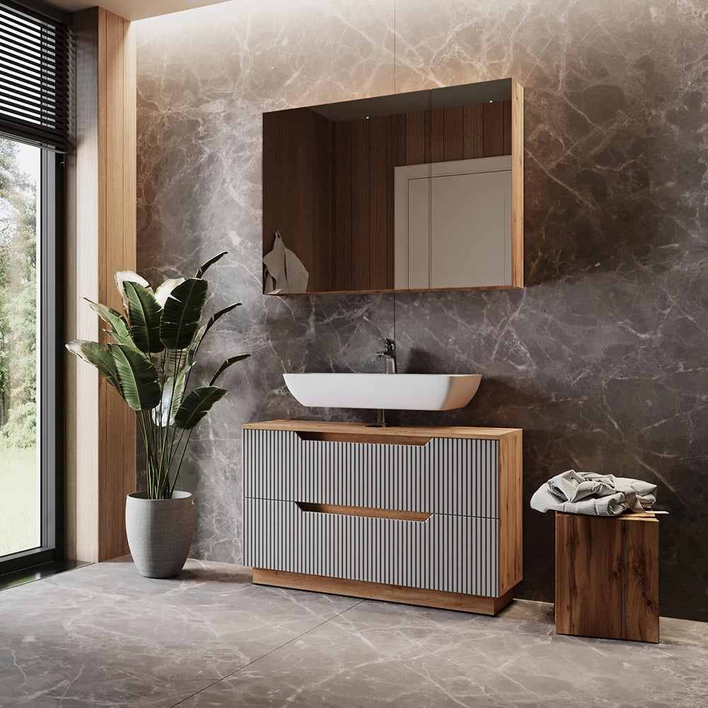 Vicco Set di mobili da bagno Rovere/grigio a righe 2 parti