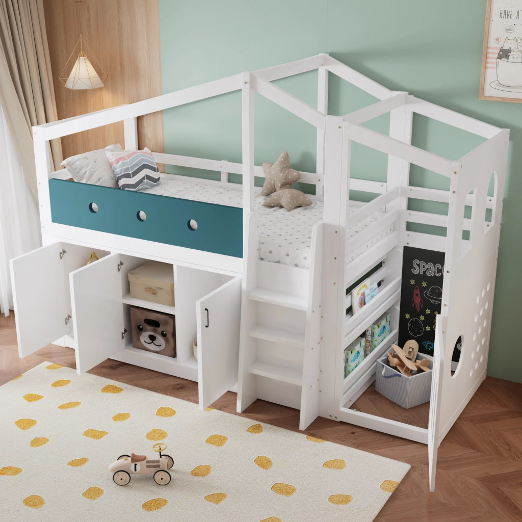 Letto a Soppalco 90 x 200 cm - Casetta; Armadio Contenitore e Scala - Bianco