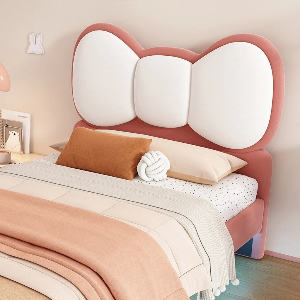 Letto per Bambini 90×200 cm; Letto Singolo con LED Regolabile e Testiera a Farfalla; senza Materasso; Velluto Rosa e Beige