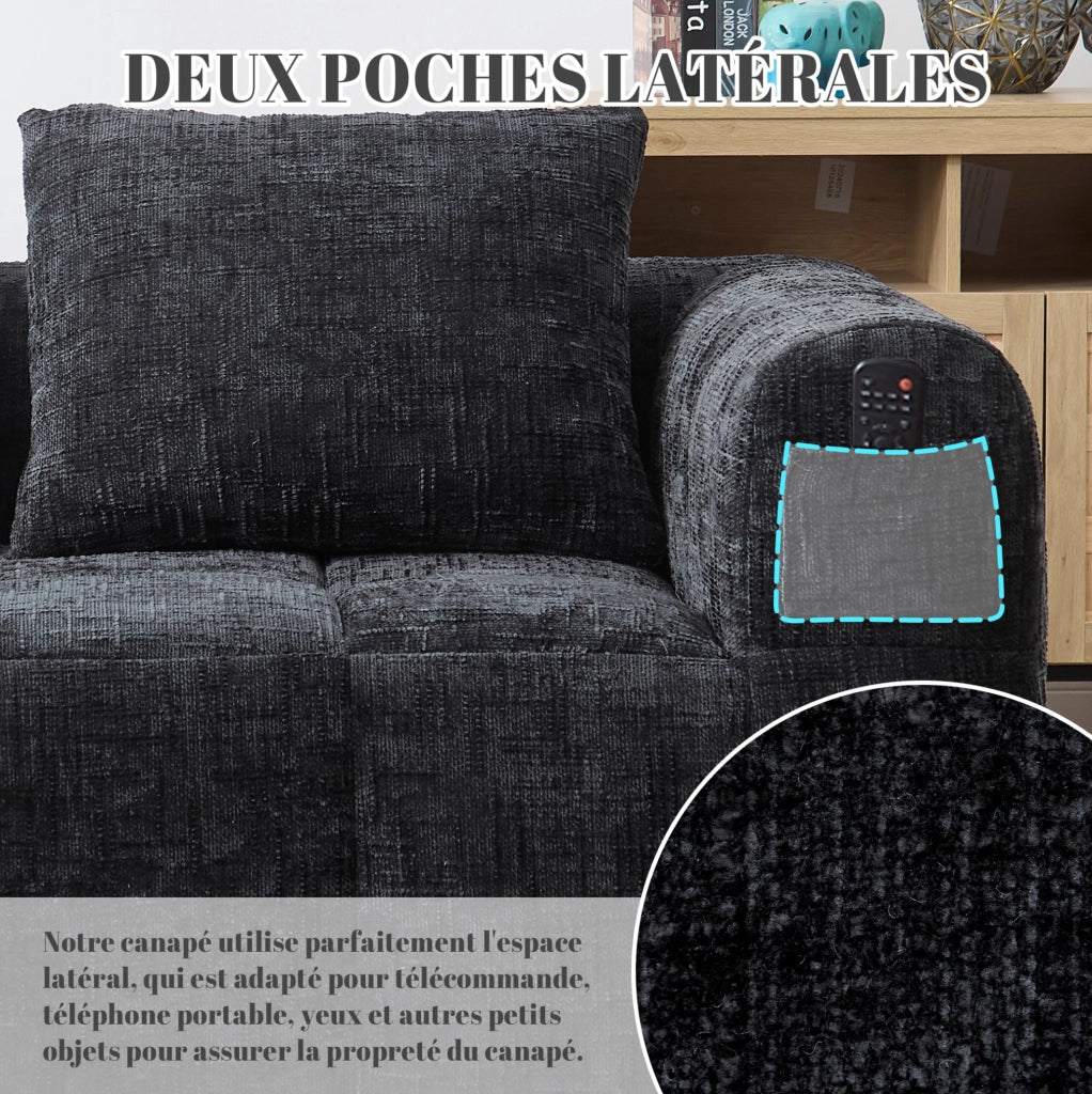 Divano a 2 posti nero con chaise longue, cuscino incluso e tasche laterali per telecomando e smartphone