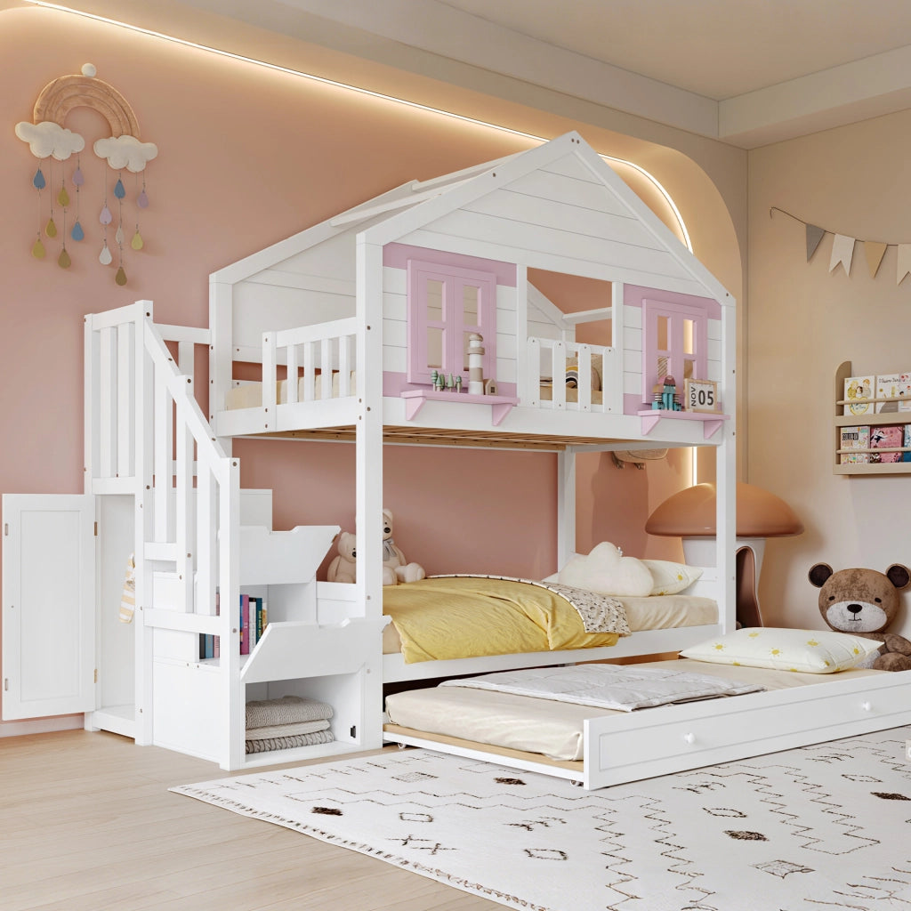 Letto a castello per bambini 90 × 200 cm con letto estraibile, scale contenitore e appendiabiti, senza materasso