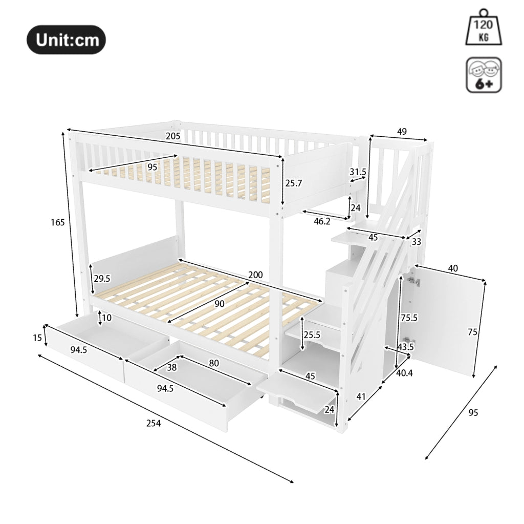 Letto a castello 90x200 cm con armadio, cassetti e spazio contenitivo