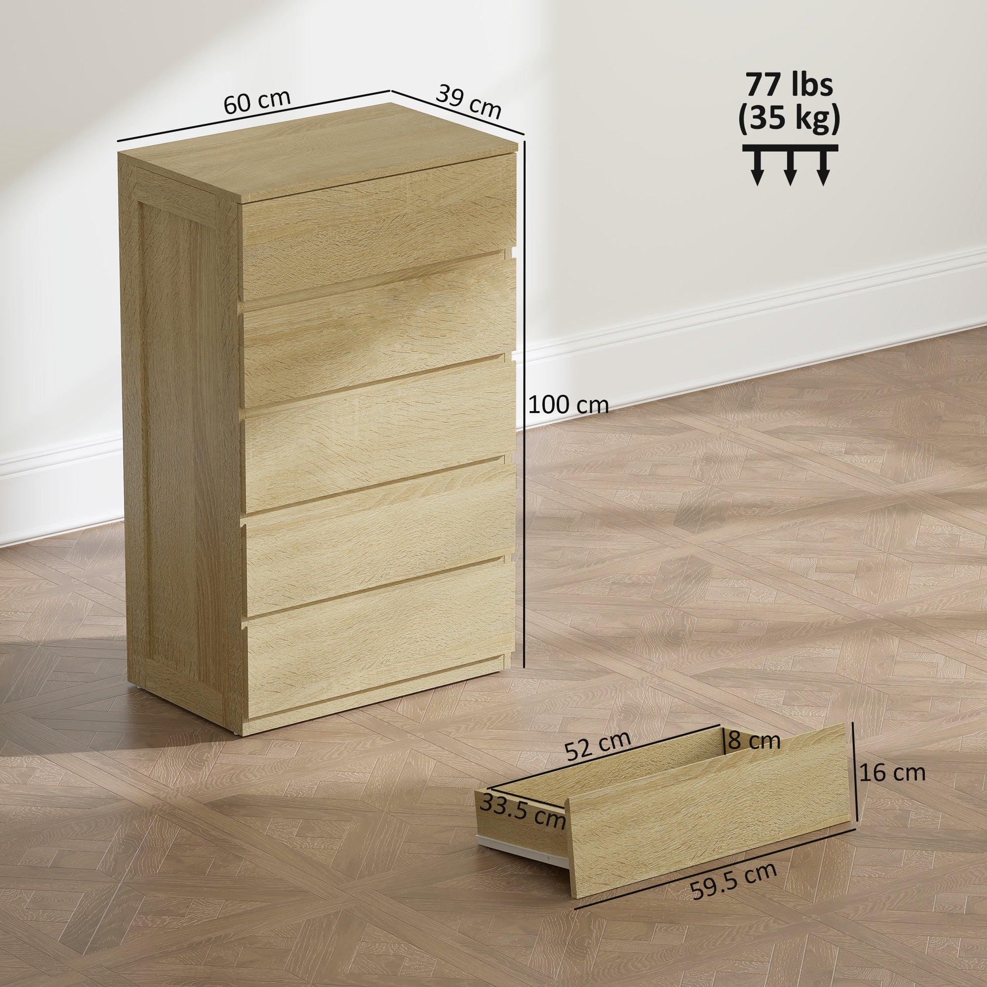 Cassettiera 5 Cassetti 60x39x100 cm in Legno con Guide in Metallo e Maniglie Scanalate color Faggio