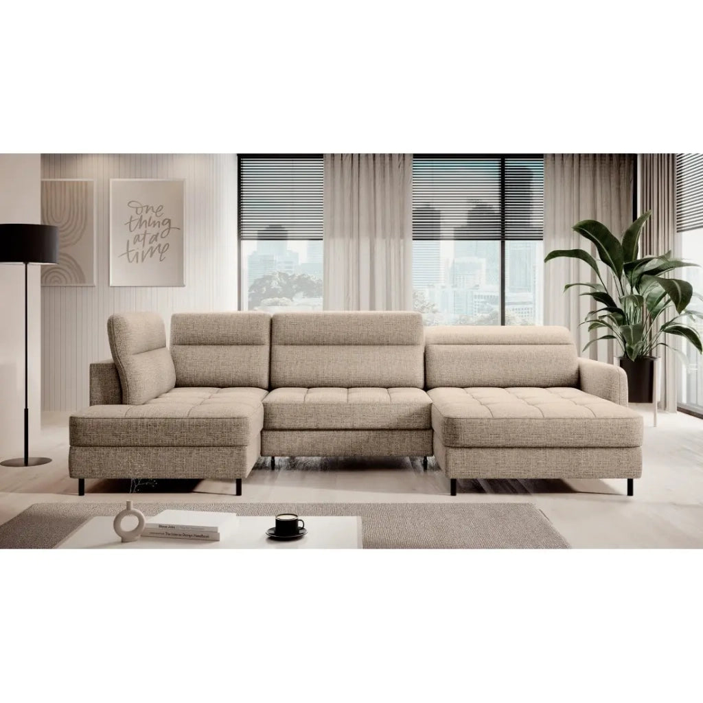 Divano angolare convertibile BERTHO 306 cm beige chiaro effetto melange – Angolo destro con contenitore