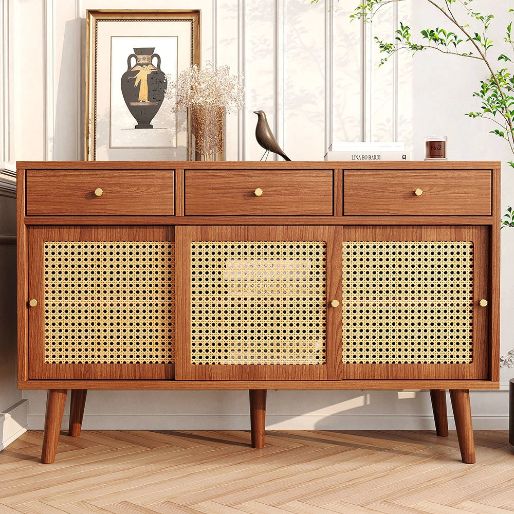 Buffet commode con facciate in rattano - Xylo - Marrone - Maniglia in metallo dorato ripiani regolabili