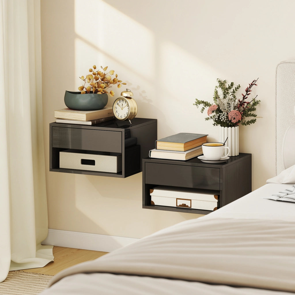 Comodino con cassetto ¨C Zephmum ¨C 37x32x21 cm Nero Lucido