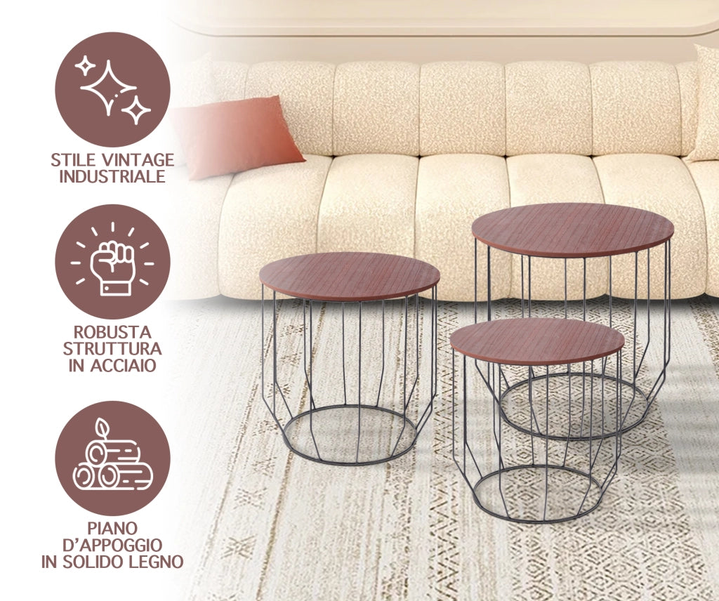 Set 3 Tavolini Da Salotto Sovrapponibili Rotondi Design Moderno Tavolino Da Caffè Estraibili Mobile Soggiorno Tavolo Divano Top In Legno Struttura In Acciaio Stile Industrial Vano Porta Oggetti  - Marrone - Modello 2