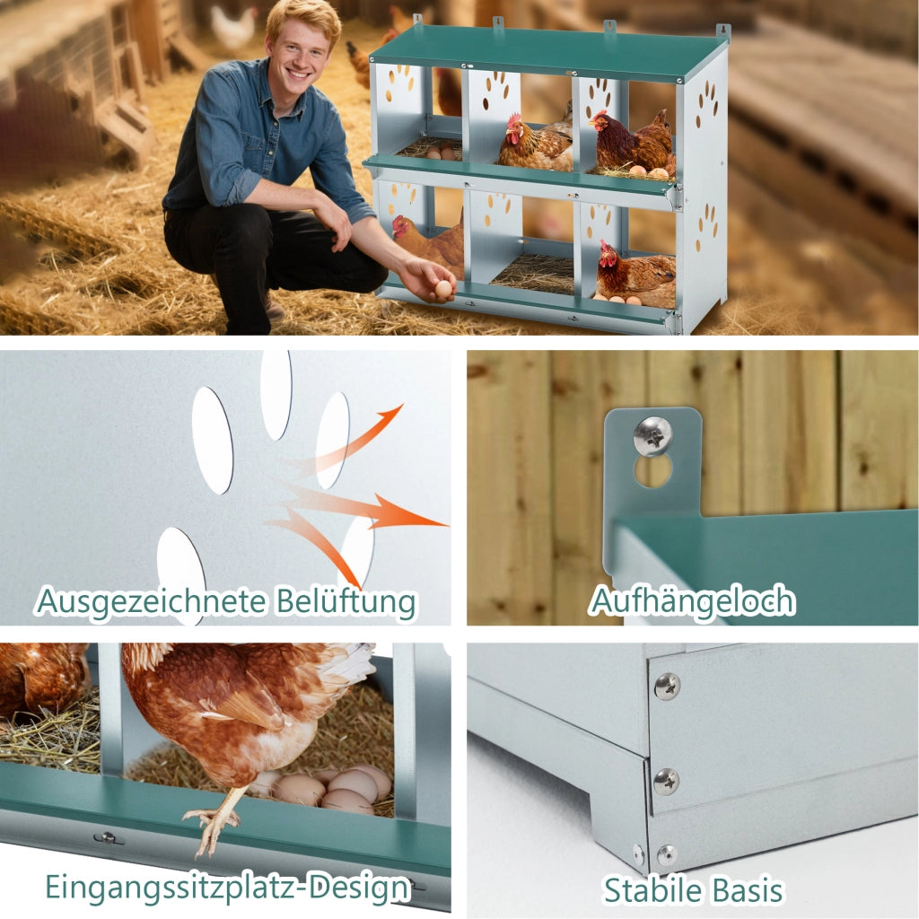 Scaffale nido per galline a 6 scomparti con fondo inclinato in acciaio zincato verde 81 × 41 × 67 cm