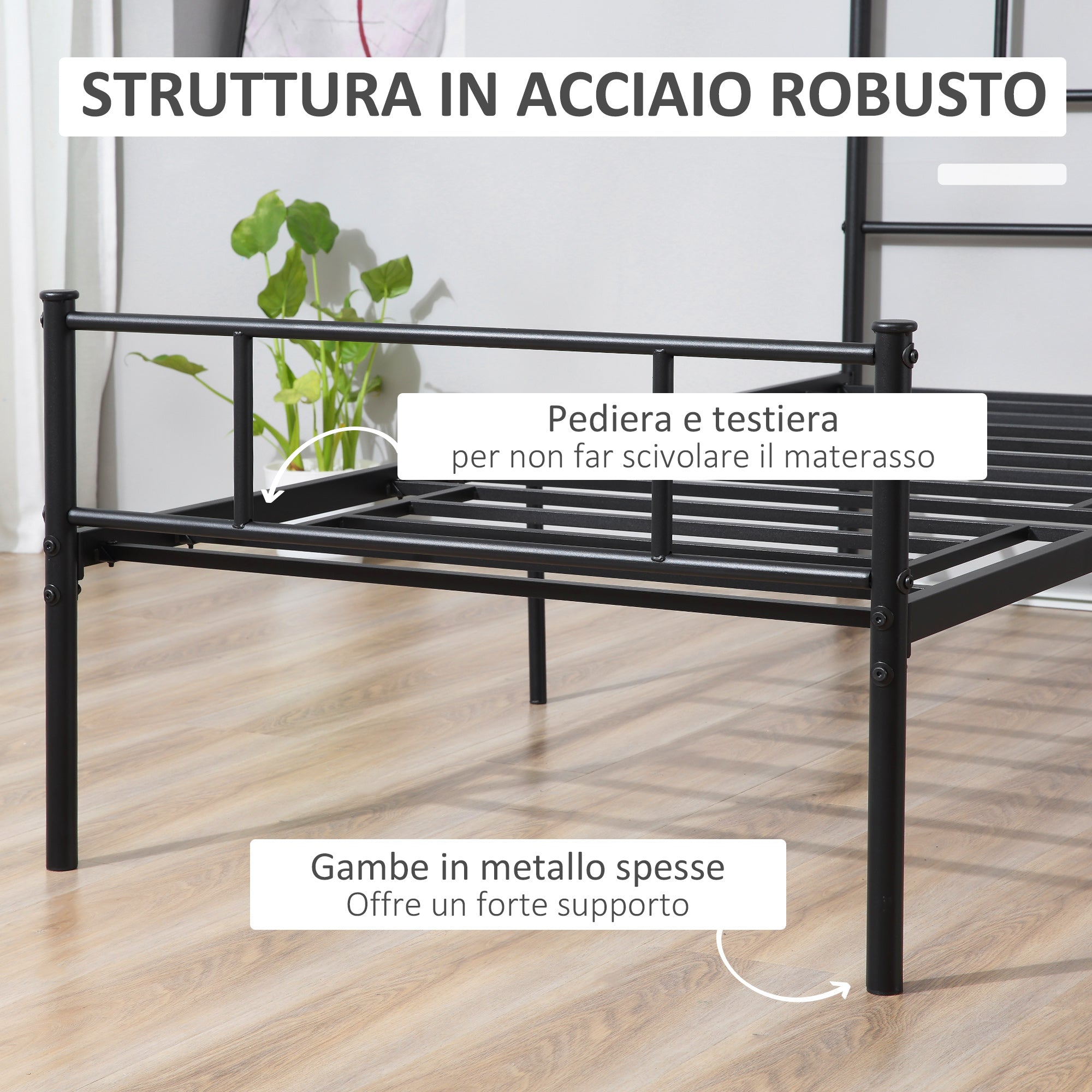 Struttura Letto Singolo 90x200 cm in Acciaio con Doghe Integrate Nero