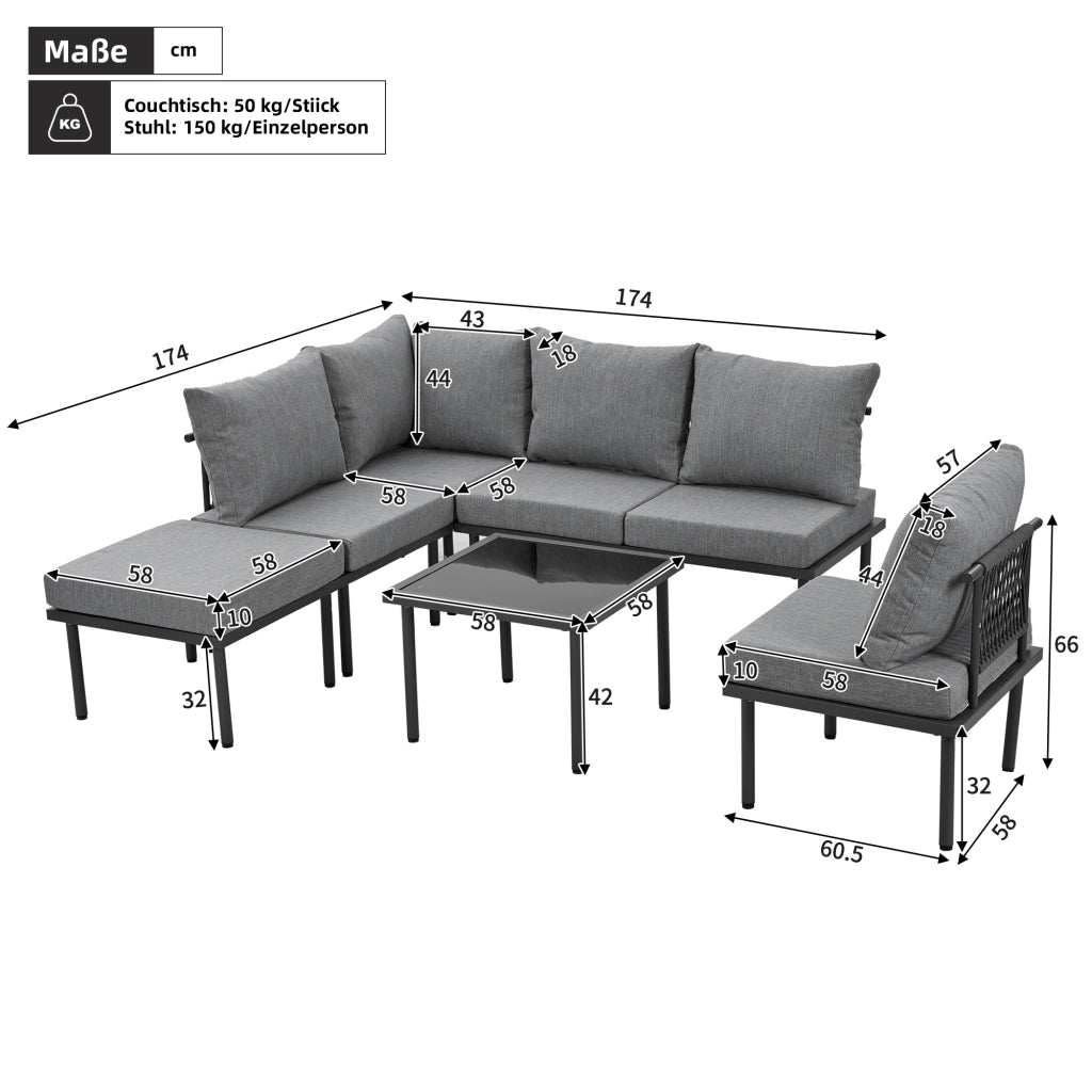 OKWISH Set da 6 Pezzi da Giardino con Sedute e Tavolino, Cuscini Inclusi, Piedini Regolabili, Olefina Grigia
