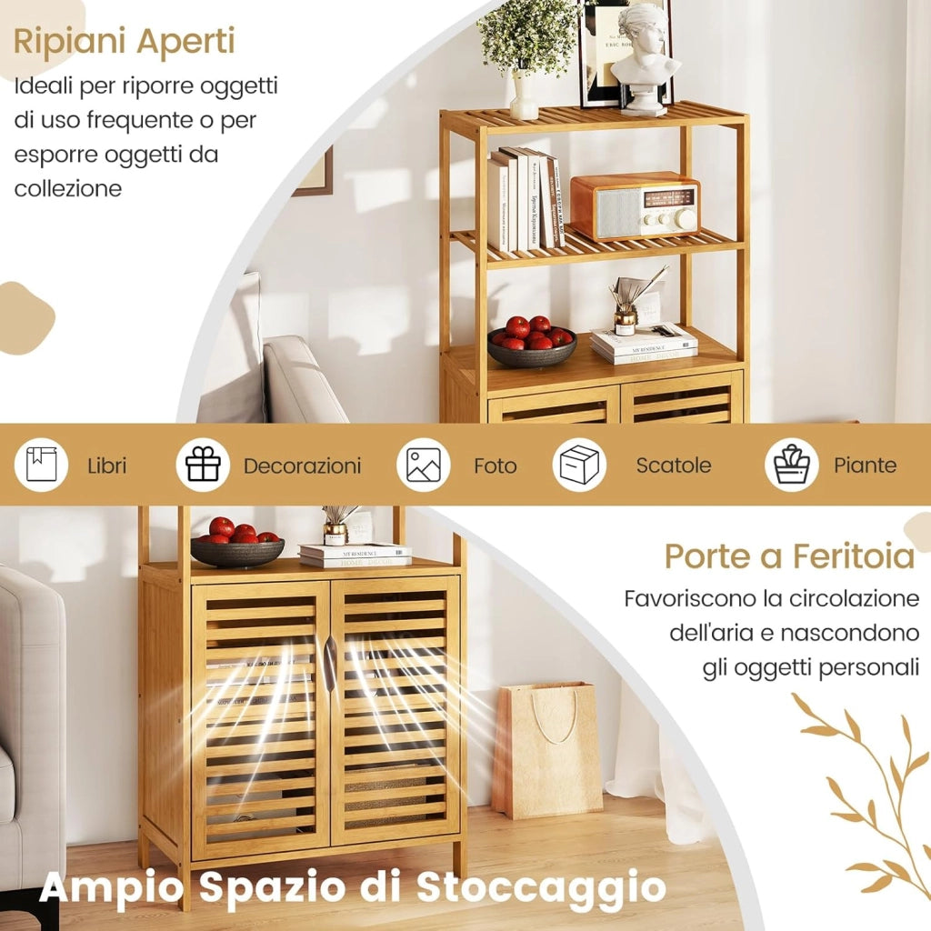 Scaffale in Bambù con Ante, Libreria a 4 Ripiani con Mensole Aperte e Armadio con Persiane, Organizzatore di Stoccaggio per Soggiorno Studio Cucina, 60 x 33 x 116 cm