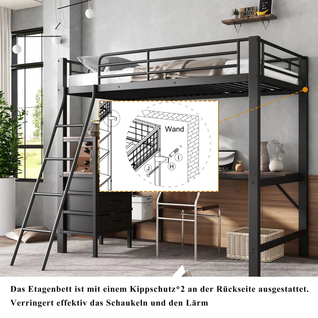 Letto a castello con scrivania e cassetti ferro legno nero noce scuro 90x200 cm