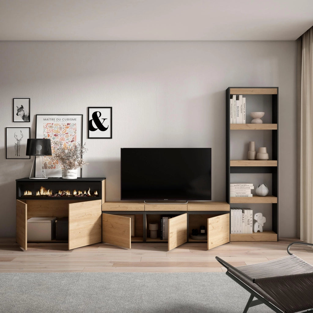 Mobile TV, Soggiorno, 310x35x186cm, Per TV fino a 65", Camino elettrico, colore Rovere e nero RF3153