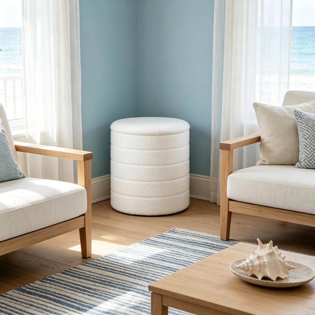 Pouf contenitore pieghevole con spazio portaoggetti coperchio reversibile seduta imbottita in teddy fleece bianco