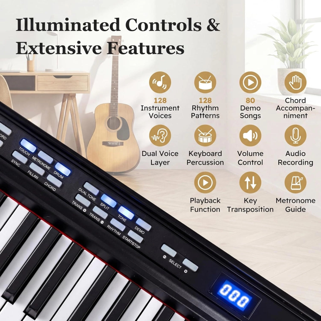 Tastiera per pianoforte a 88 tasti, pianoforte digitale con sgabello, supporto regolabile, auricolari, tastiera elettronica con tasti illuminati, borsa per principianti, adulti (nero)