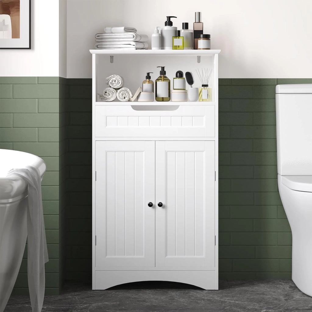 Mobiletto da bagno, mobiletto portaoggetti da bagno con 1 ripiano aperto, 1 cassetto e 1 ripiano da pavimento regolabile, per bagno, soggiorno, sala da pranzo, 60x30x108CM,Bianco