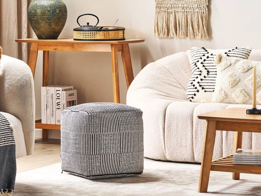 Pouf in cotone bianco nero 40 x 40 cm pouf motivo a righe imbottitura in EPS chiusura con cerniera moderna