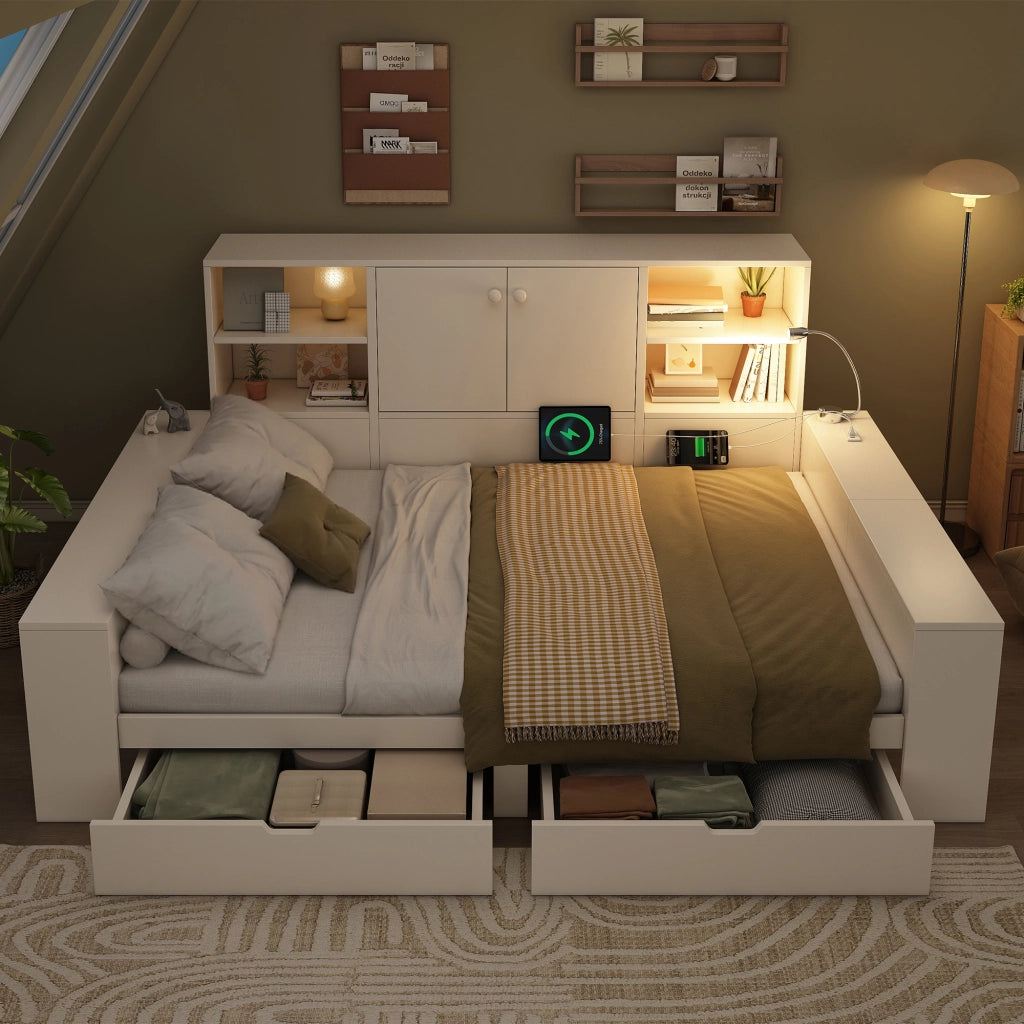LETTO Contenitore 140x200 cm Bianco con cassetti e porte USB