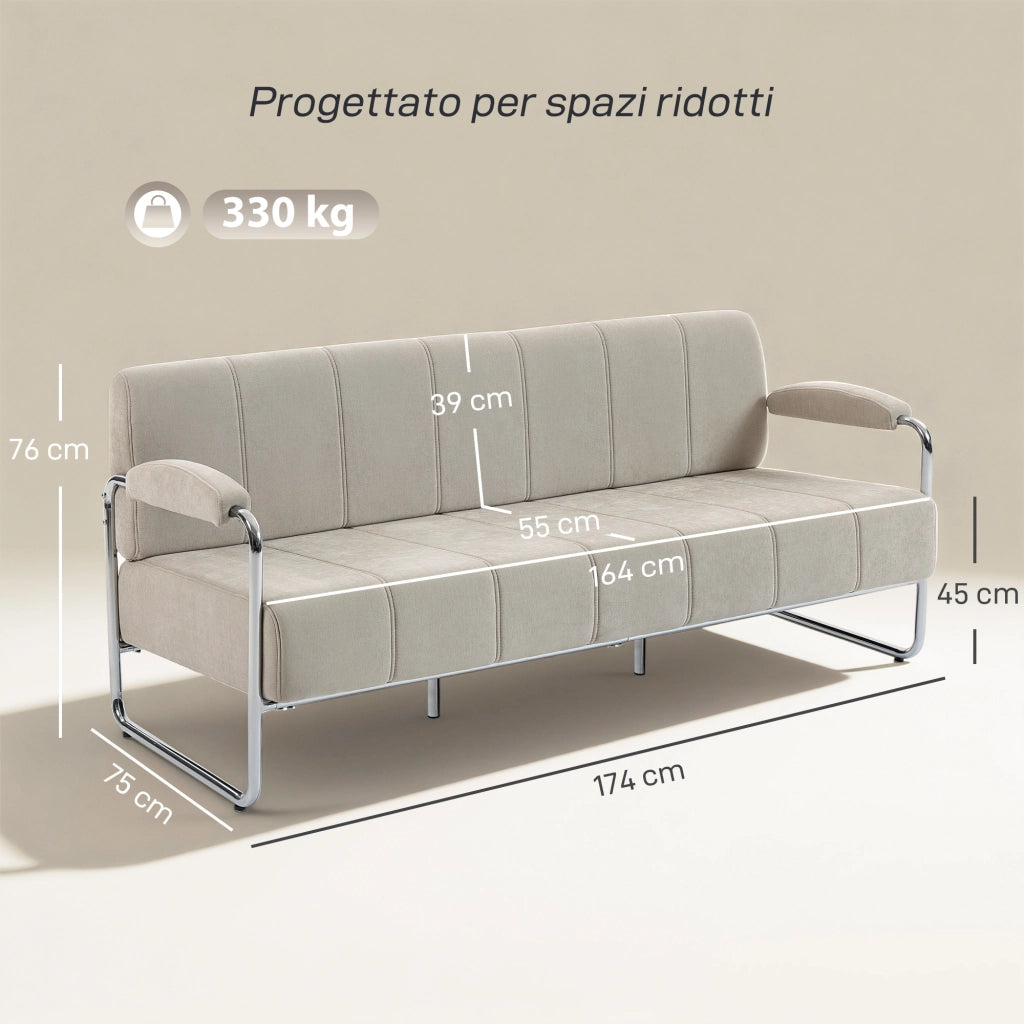 Divano 3 Posti Moderno 174x75x76 cm Rivestito in Ciniglia Struttura in Acciaio Beige