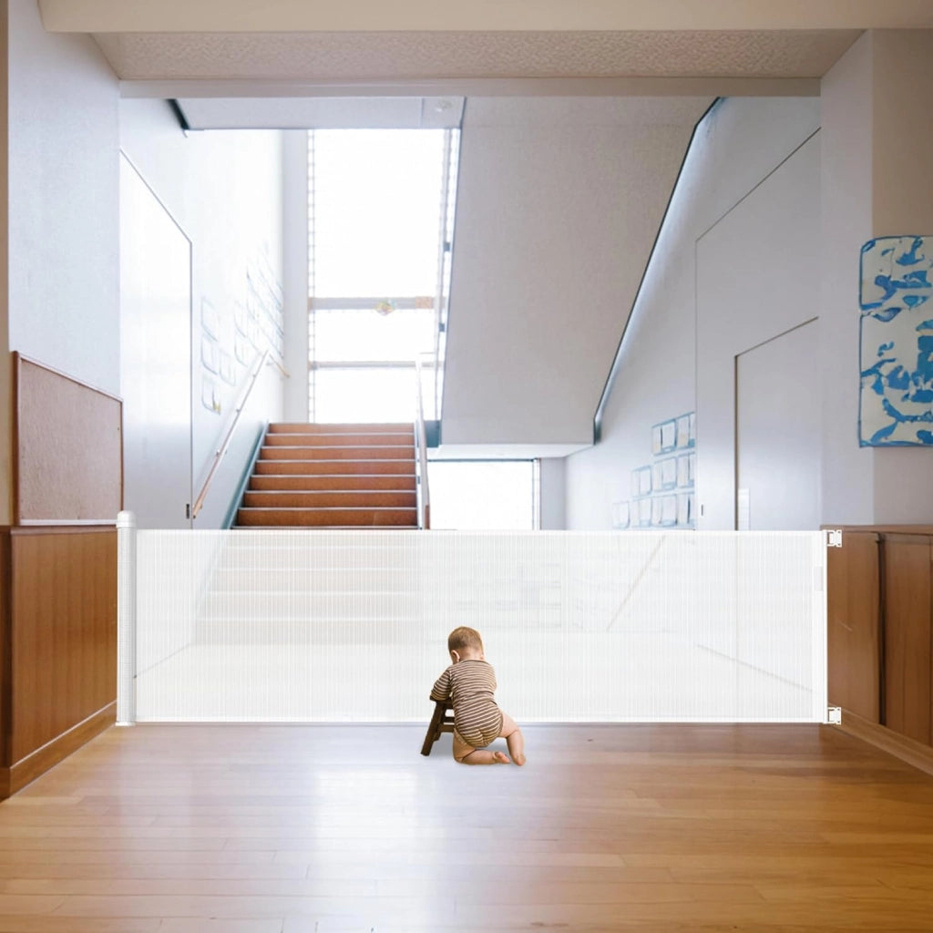 Griglia di protezione per porte e scale, estensibile, con chiusura automatica, griglia di sicurezza per porte e scale per bambini, in PVC, bianca, 300 cm