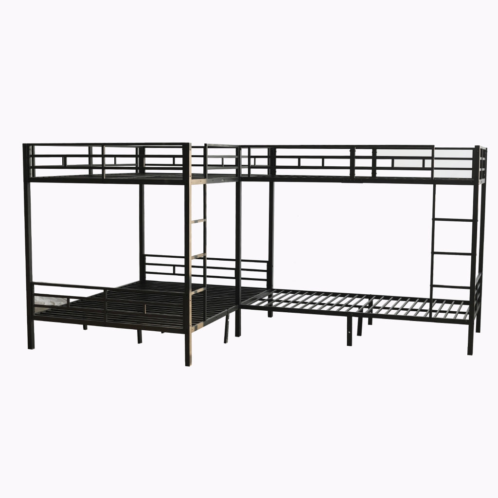 OKWISH Letto a Castello 90×200 cm e 140×200 cm, Letto 3 Posti con Scala a 3 Gradini e Rete a Doghe, senza Materasso, Nero