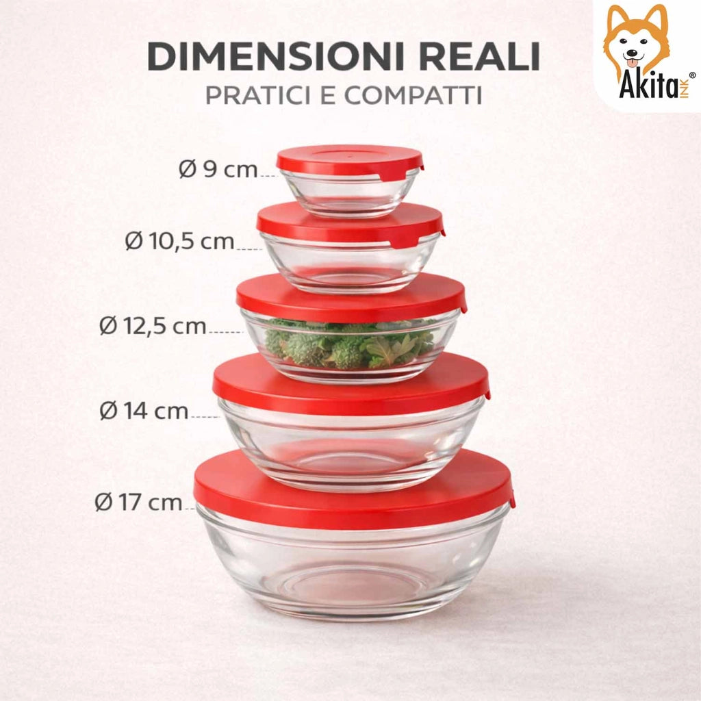 Akitaink Set 5 Contenitori in Vetro con Coperchio Rosso