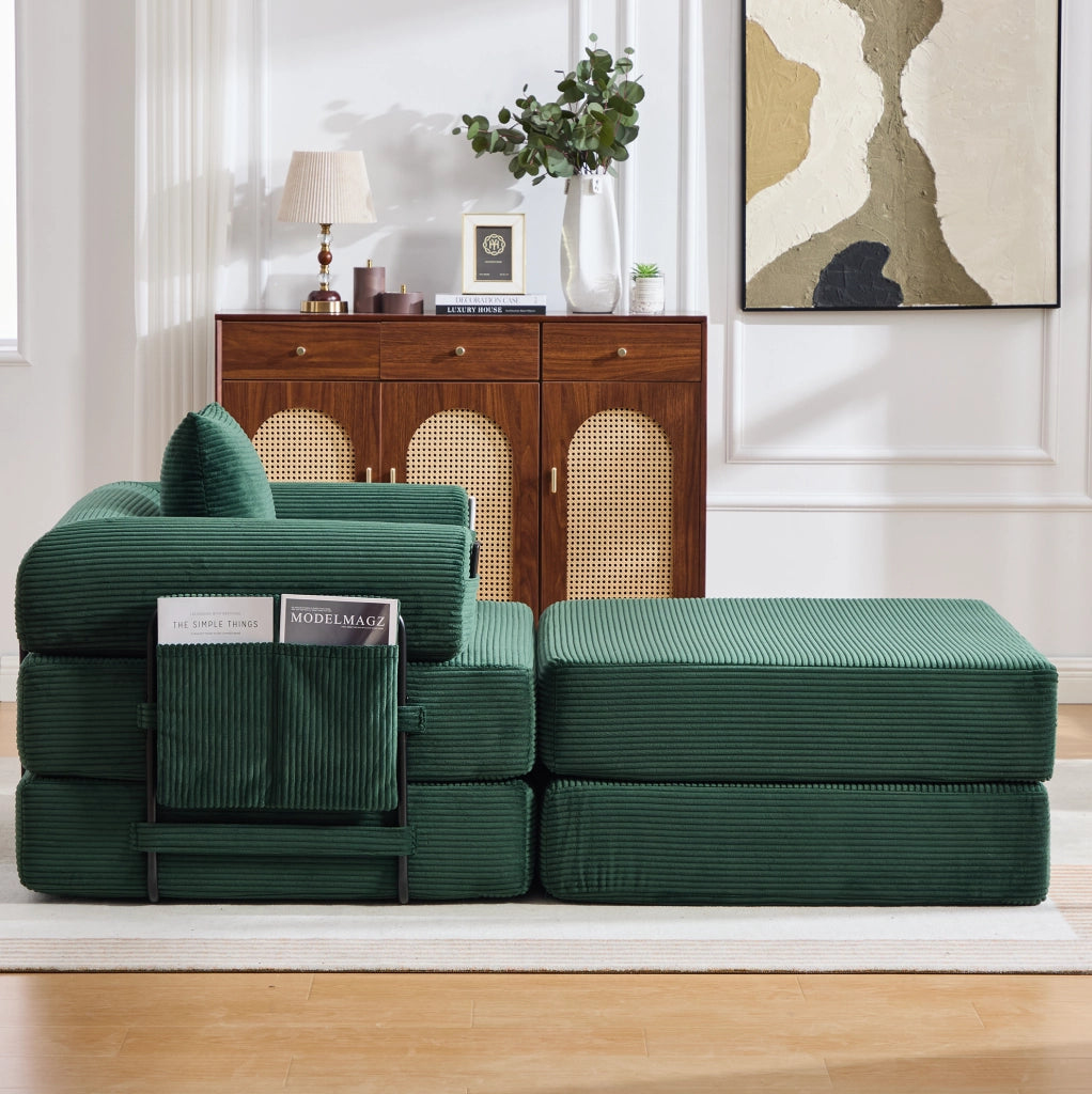Pouf pieghevole trasformabile in letto singolo; 109x95x43 cm; in corduroy verde smeraldo