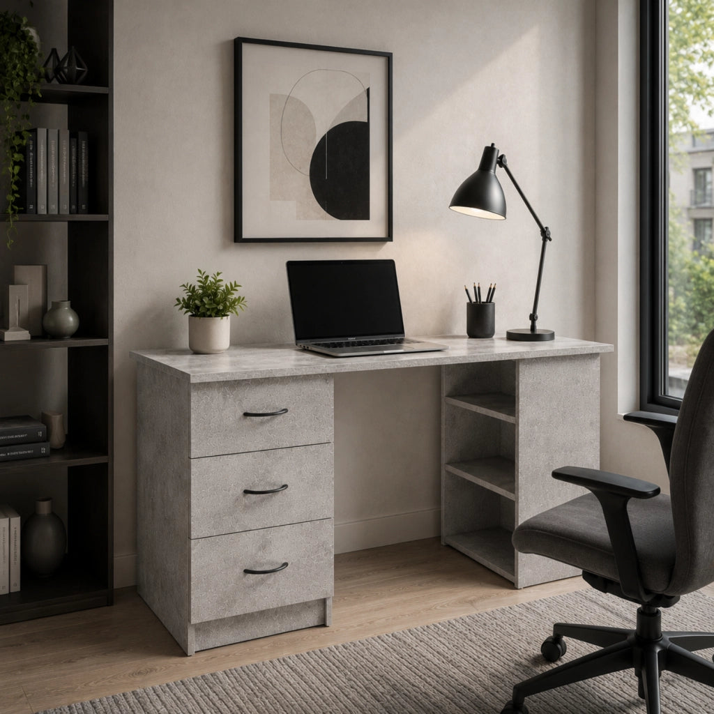 Scrivania Per Studio Con 3 Cassetti E 3 Vani A Giorno Scrittoio In MDF Resistente Dallo Stile Minimal Per Ufficio Cameretta E Smart Working 120 x 49 x 72 Cm Grigio Cemento