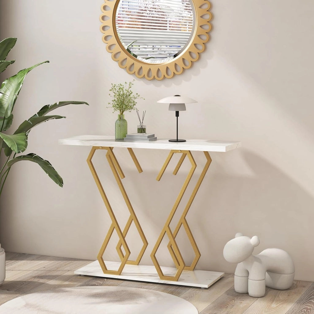 Tavolo Consolle 100cm, Tavolo d'Ingresso con Piedini Regolabili, Kit Antiribaltamento e Struttura in Metallo, Tavolino da Divano per Soggiorno, Ingresso e Corridoio (Bianco e Oro)