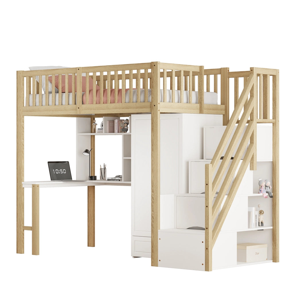Letto a soppalco 90x200 con armadio, scrivania e scala