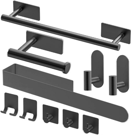 Set di Asciugamani da Parete Senza Fori - 10-Pezzi di Supporto Autoadesivo per Asciugamani - Acciaio Inossidabile SUS304 - Accessori per Bagno e Cucina - Nero