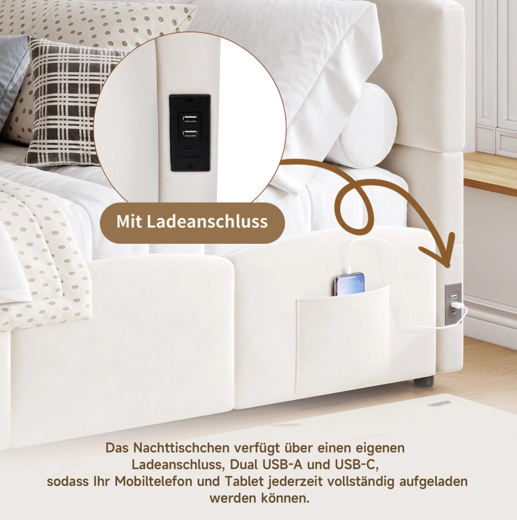 Letto singolo imbottito 90x200 cm con vano contenitore e USB