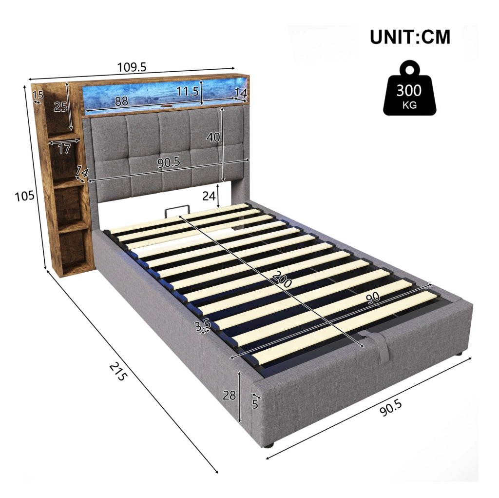 Polsterbett 90x200 cm con USB e LED; in lino e MDF; grigio