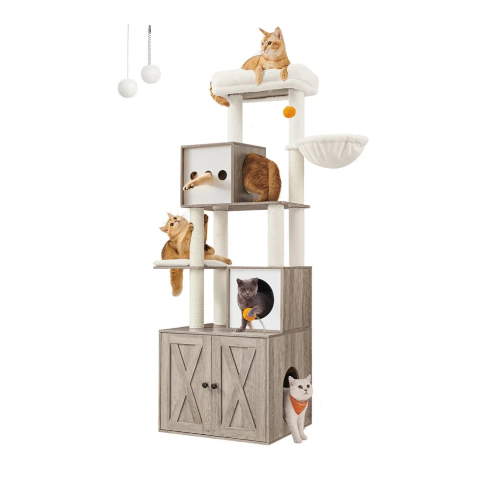 Tiragraffi moderno con lettiera torre gioco tiragraffi con toilette 185 cm nicchia piattaforma tappetini lavabili grigio 12_0003865