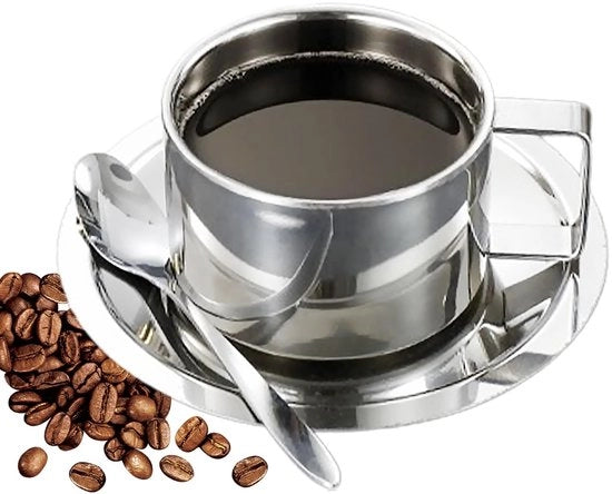 Set di tazze da caffè 200 ml - Doppio strato - Tazze da caffè con cucchiaio - Piatto - Acciaio inossidabile - Progetto di moda