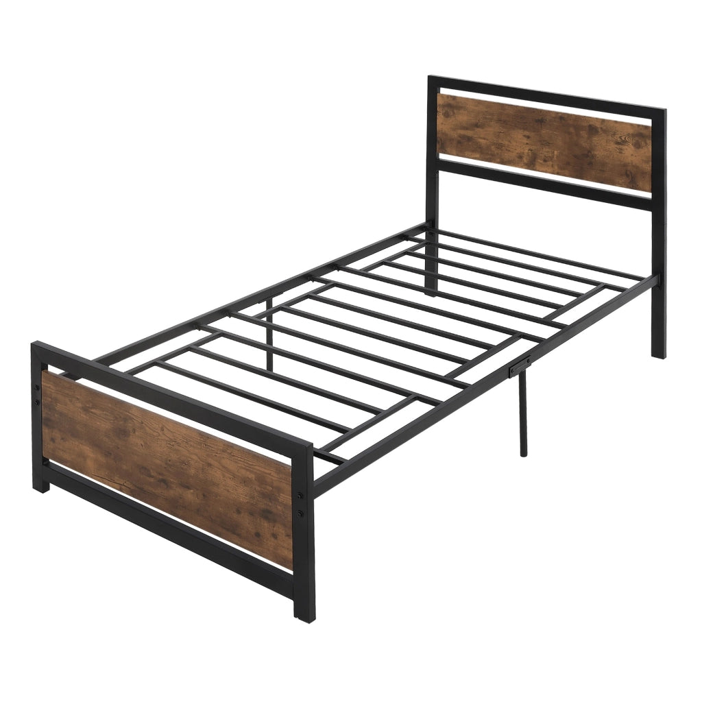 Struttura Letto Singolo 90x200 cm in Acciaio con Doghe Integrate Nero e Marrone Rustico