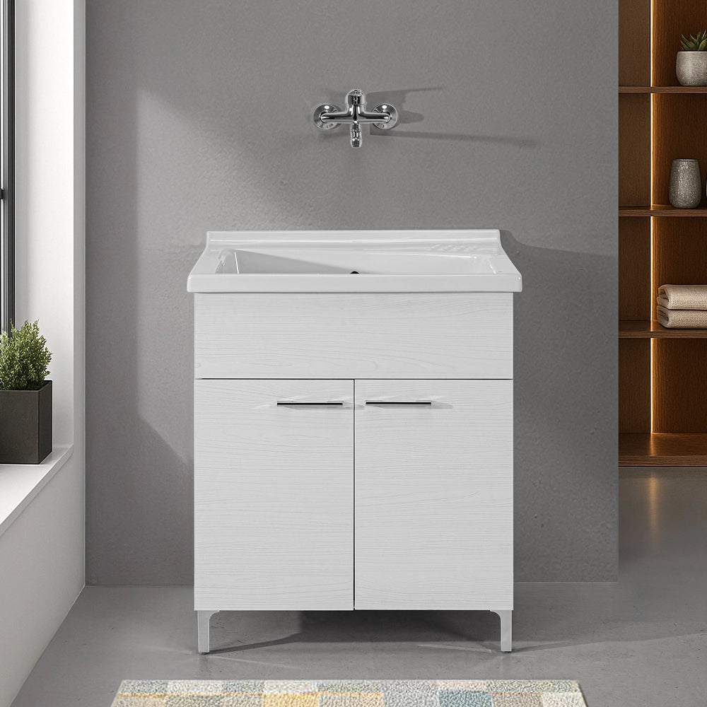 Mobile lavatoio 75x60cm bianco frassino con due ante e vasca in ceramica Revine